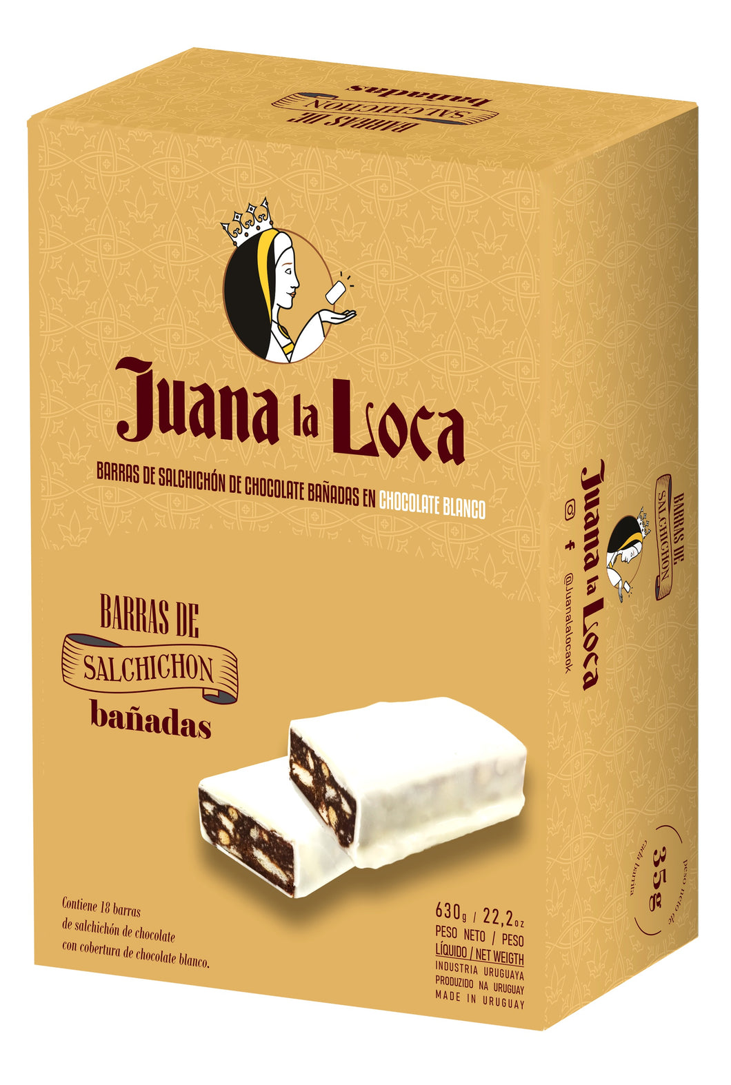 JUANA LA LOCA -Barra de salchichón bañado de chocolate blanco X18 unidades - 920g