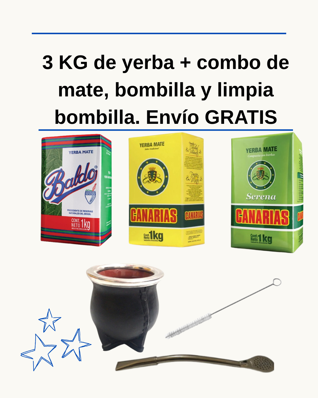 Stock Matero full: 3 kilos Yerba + Mate + Bombilla + Limpia bombilla