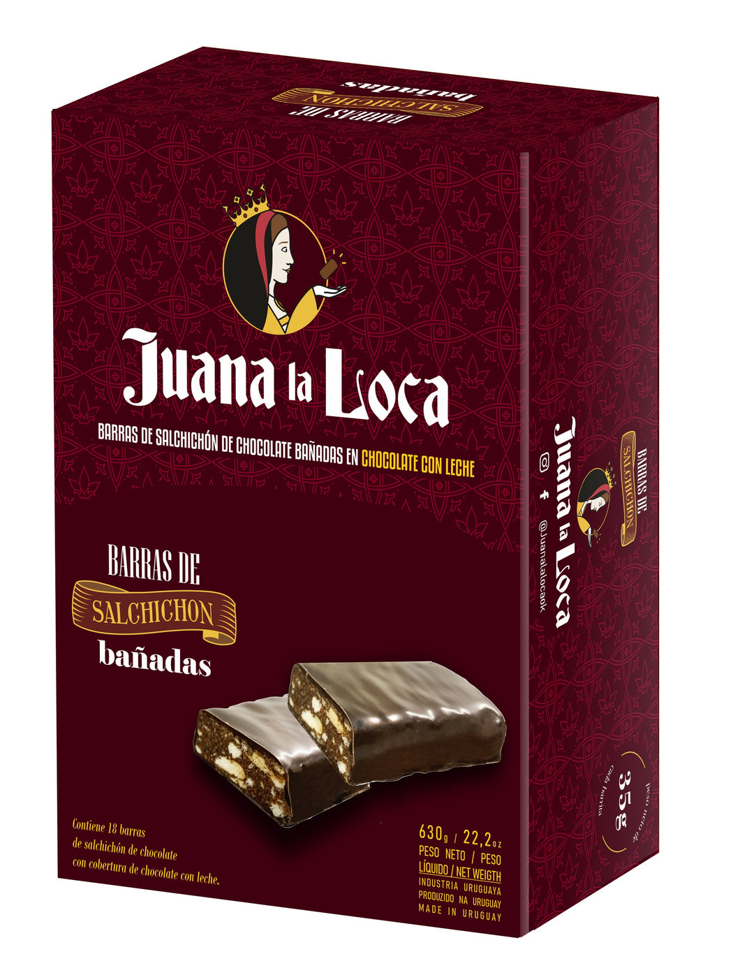 JUANA LA LOCA -Barra de salchichón bañado de chocolate negro X18 unidades -920g